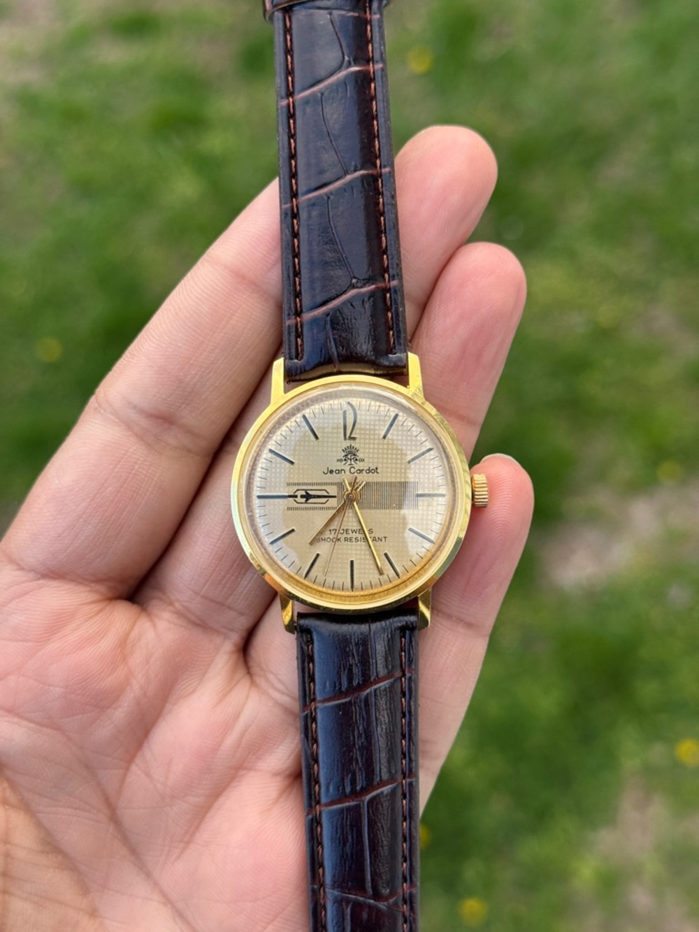 Jean Cardot Men's Vintage Rare Manual winding Watch 17 Jewels Watch leather